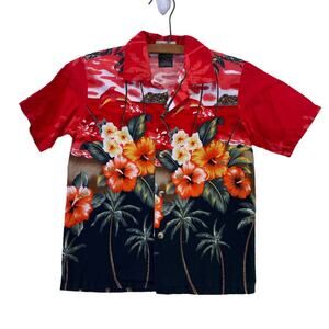 Hawaiian Made Lido Red Flower Short Sleeve kids Shirt 6/8 years